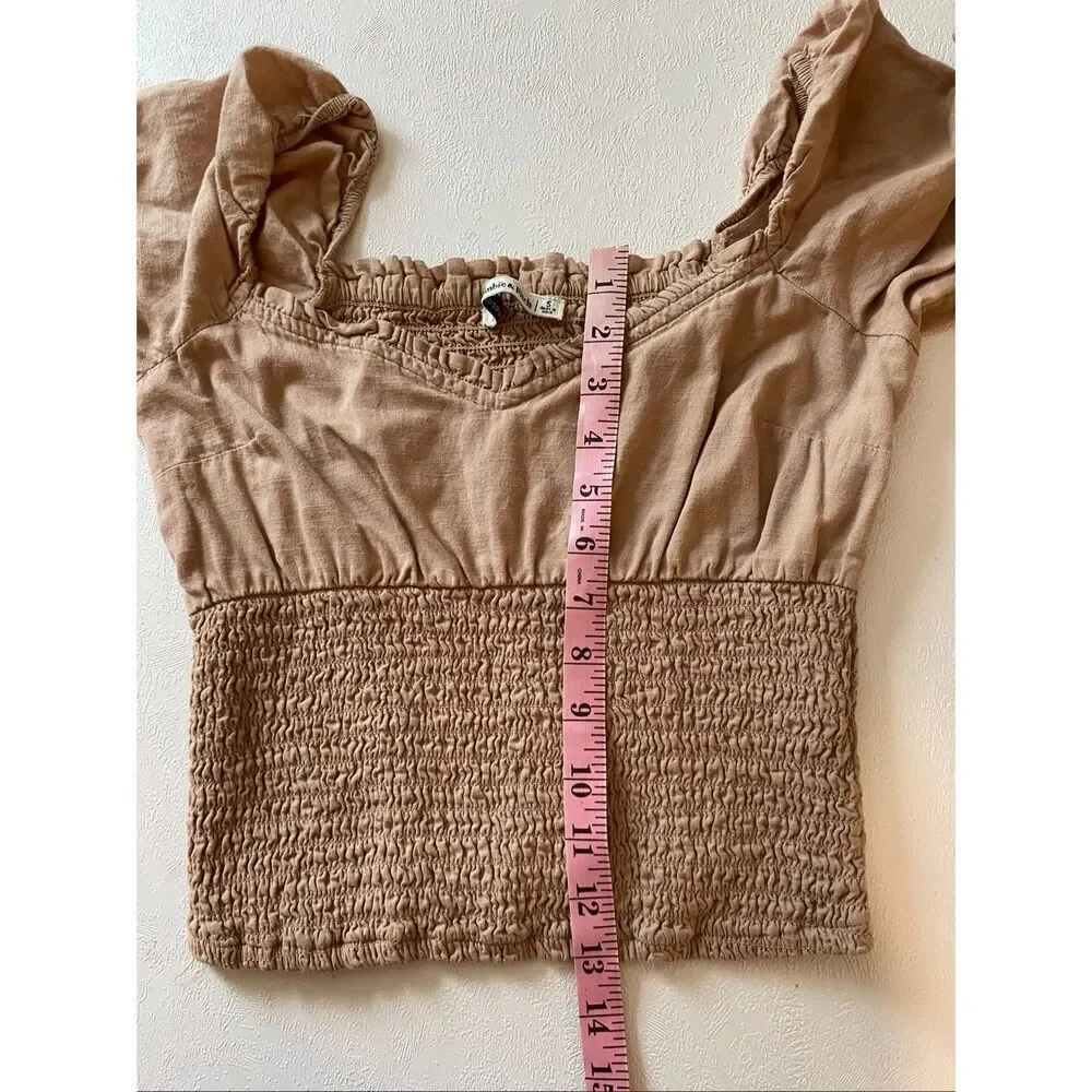Abercrombie & Fitch Smocked Puff Sleeve Crop Top Beige Size S Cottagecore